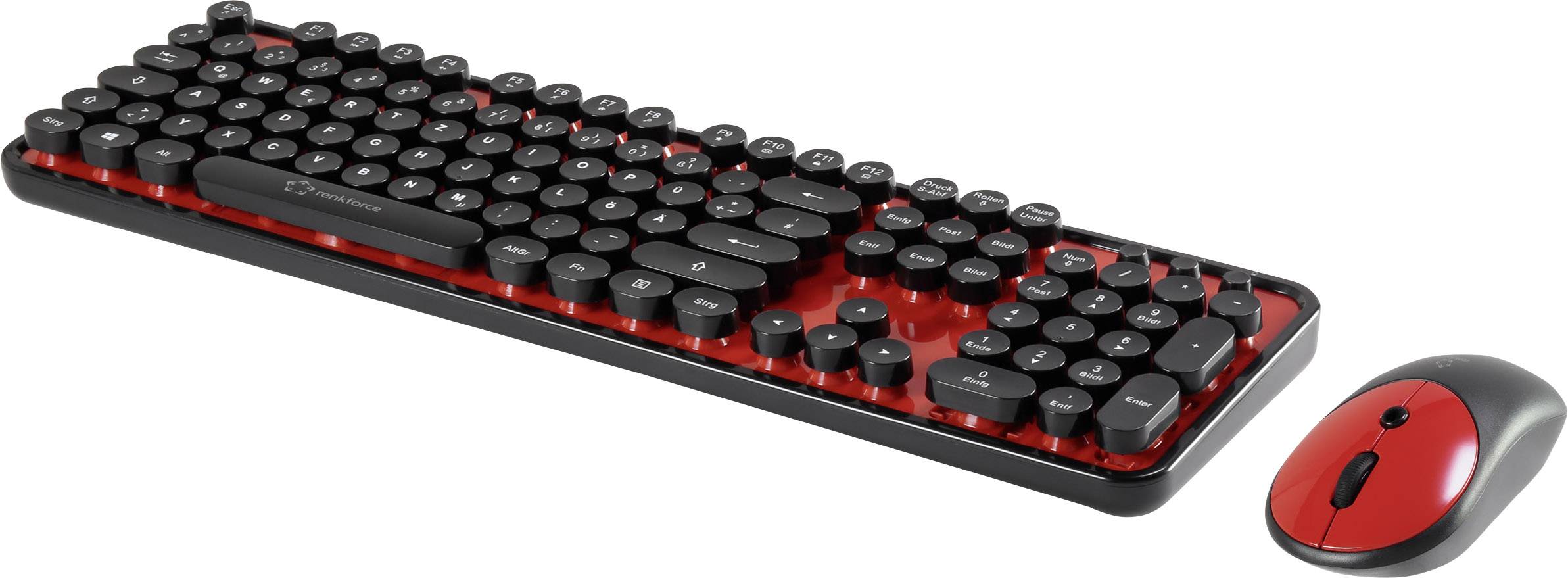 Renkforce RF-DS-RETRO Radio Keyboard and mouse set German, QWERTZ Black, Red