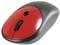 Red and black wireless computer mouse with scroll wheel, suitable for office and home use.