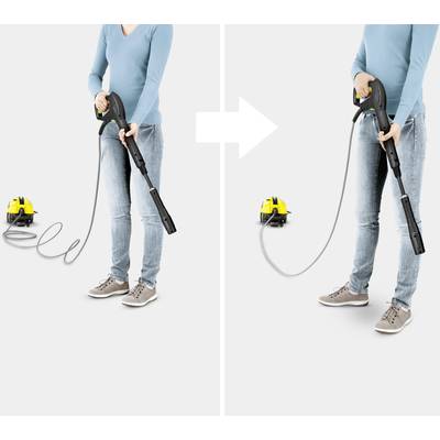 A person is holding a steam cleaner, with the left side showing it in operation mode with steam, and the right side without steam. The device is placed on the floor, with the cable visible.