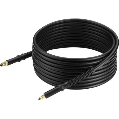 Black high-pressure hose with brass fittings at both ends, coiled tightly.