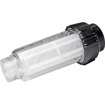 Transparent water filter with black cap, suitable for use in pipe systems to reduce particles in water.
