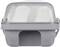 A sealed, grey plastic bread container with a transparent lid.
