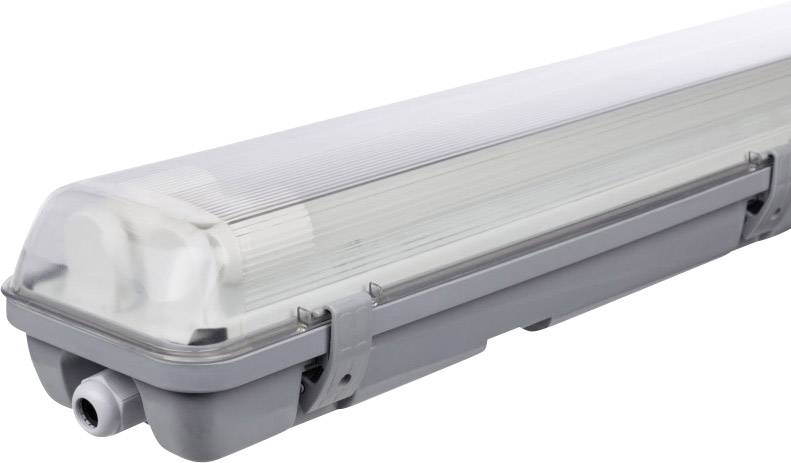 Grey, elongated LED light fitting with transparent cover, side-illuminated, suitable for use in industrial or warehouse environments.