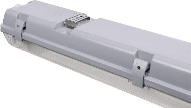 Grey LED light with rectangular housing, robust design for industrial applications. Suitable for damp environments.