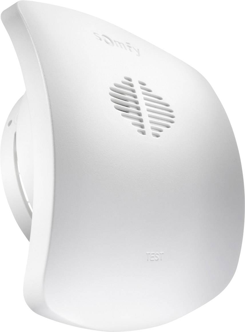 A white, curved smoke detector by Somfy with a visible speaker grille and the word 'Test' underneath.
