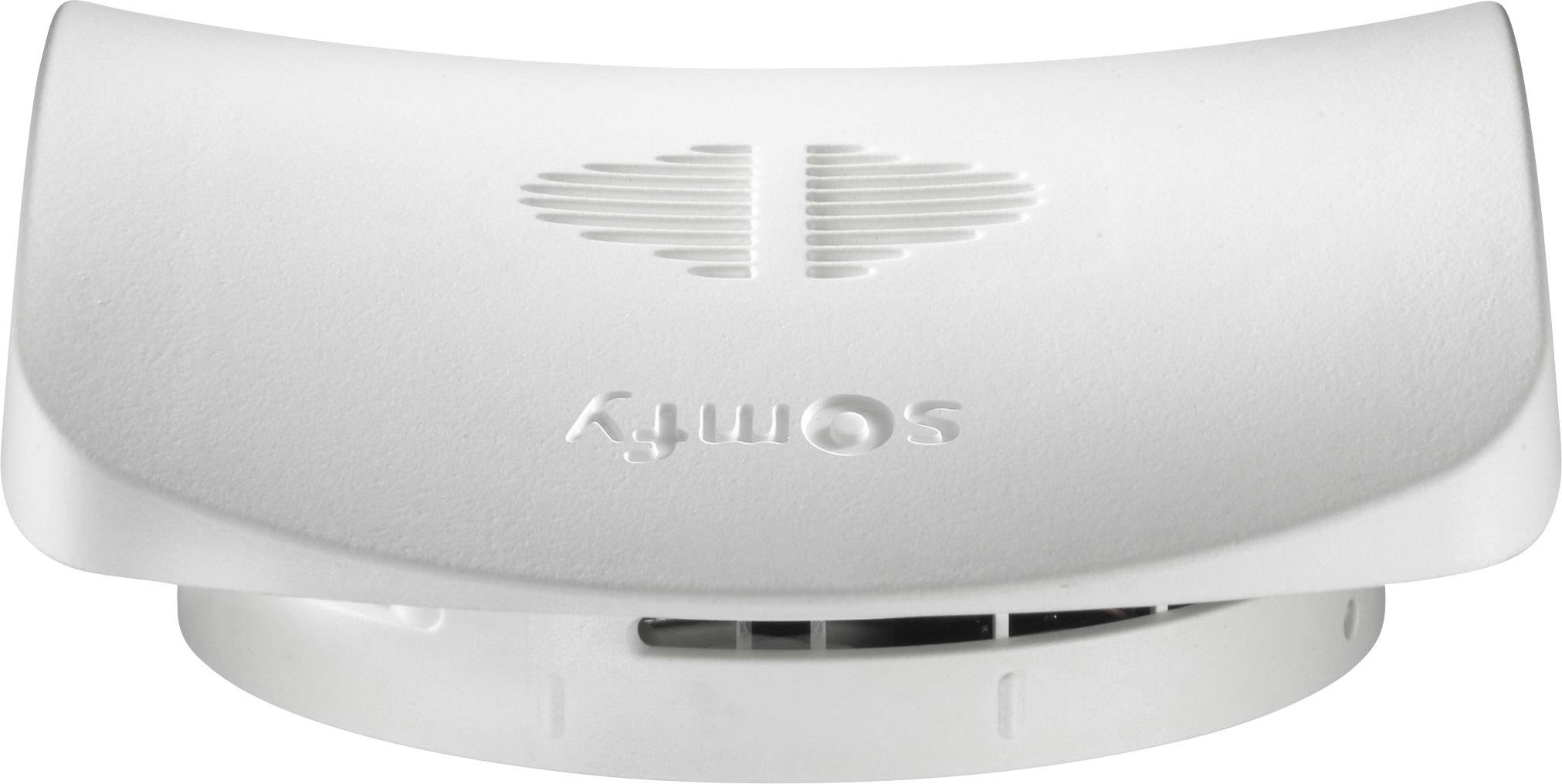 A white Somfy smoke detector with a rounded shape and ventilation slots on the top.