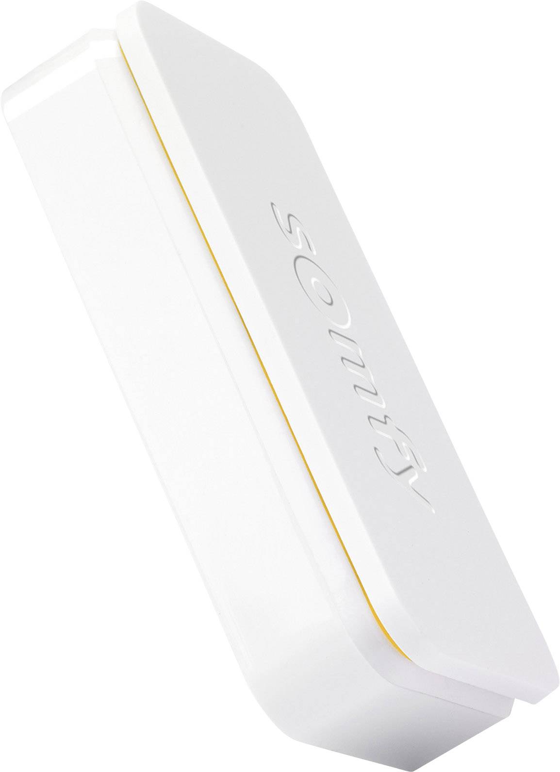 White, rectangular electronic device with raised lettering 'Sonos' and a subtle orange stripe along the edge.