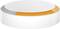 A white, round Wi-Fi router with an orange illuminated ring on its side. Elegantly and modernly designed for home networks.