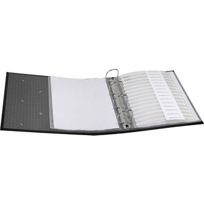 A ring binder opened to reveal multiple pages filled with small pockets. Each pocket contains electronic components, neatly organised in strips.