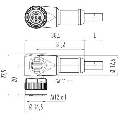 Technical drawing of a 90-degree angle connector. Dimensions specified: Length 38.5 mm, Width 31.2 mm, Height 27.5 mm, Thread M12 x 1.