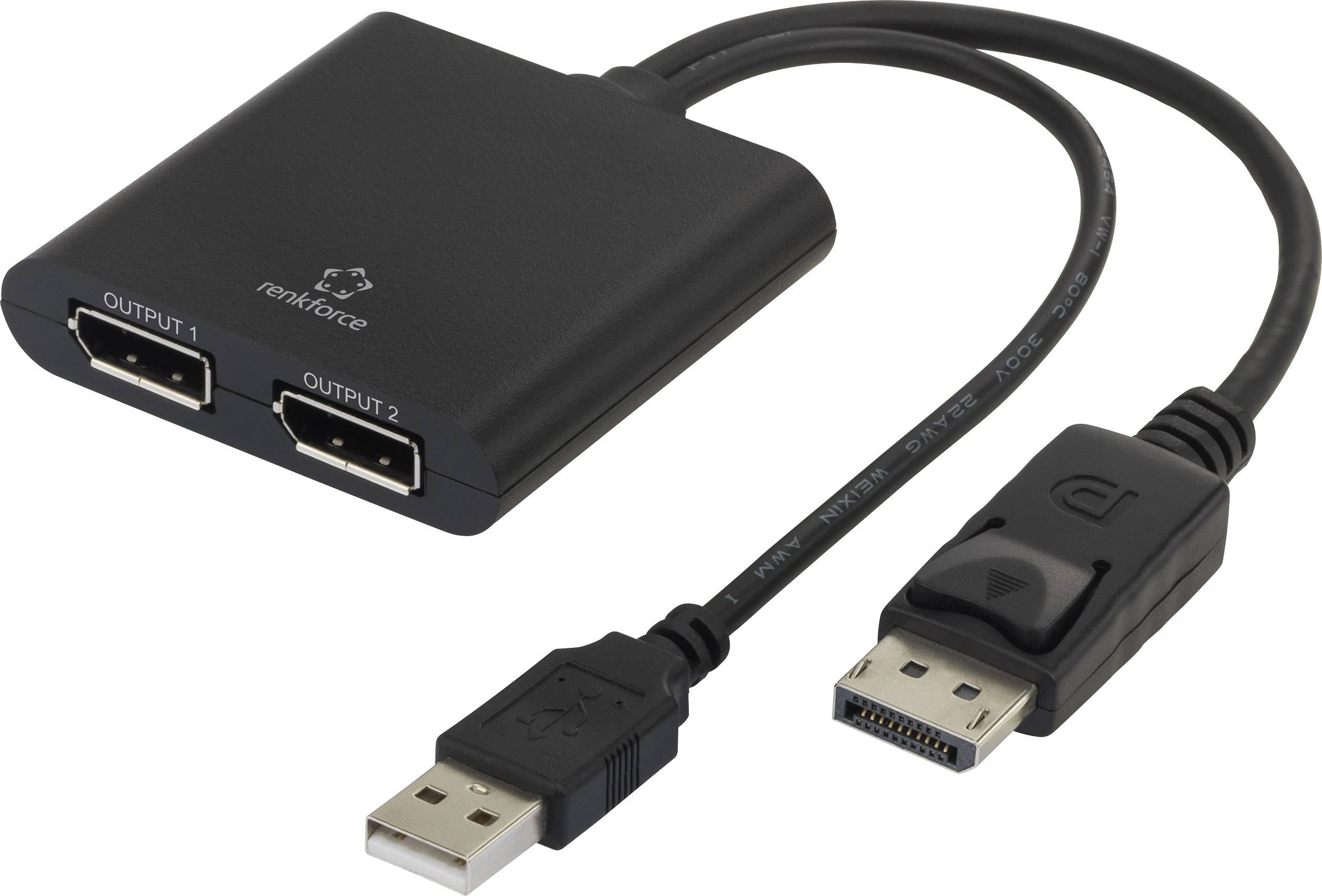 Renkforce RF-4758087 DisplayPort Adapter [1x DisplayPort plug - 2x DisplayPort socket] Black 20.00 cm
