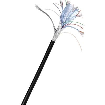 A cut-open cable reveals several colourful copper wires and an aluminium shielding, illustrating its internal structure.