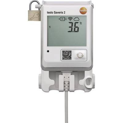 Digital thermometer with display showing 3.6°C, Wi-Fi symbol, battery indicator, lock icon and QR code. Brand 'testo'.