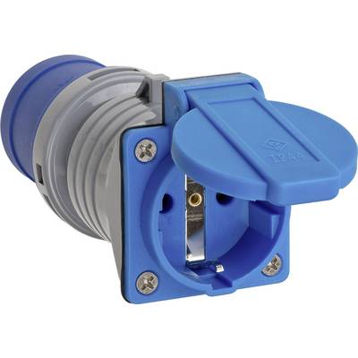 A blue and grey earthed socket with a hinged cover, suitable for outdoor use, displays the marking 'IP 44'.