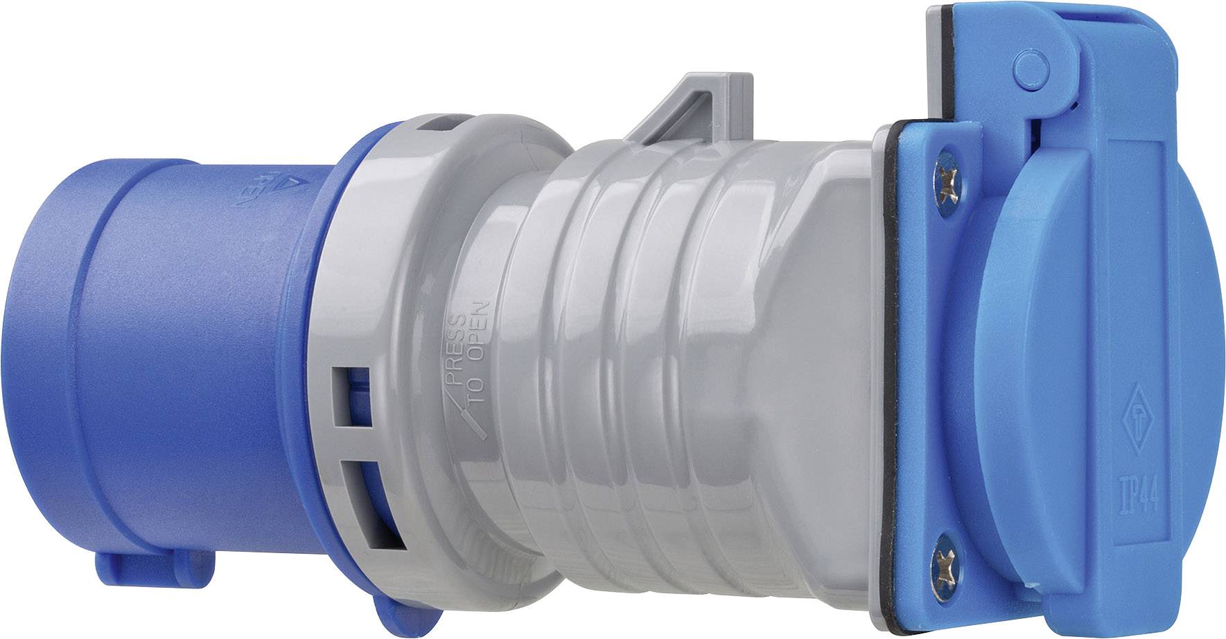 A blue and grey electrical connector with a protective cap, suitable for industrial sockets, photographed from the side.