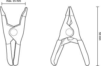 Two technical drawings of a clamp from the front and side, with dimensions in millimetres.
