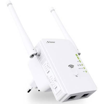 A white Wi-Fi repeater with two aerials and multiple green indicator lights. Labelled 'STRONG' with signal strength symbols.