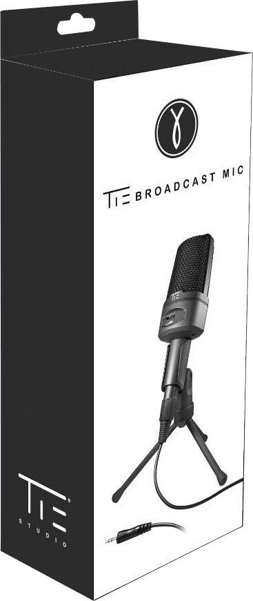 Packaging for a TIE Studio Broadcast Microphone with stand and cable, black design featuring product imagery and TIE logo.