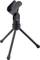A black three-legged table tripod with a microphone holder on top. Ideal for stable recording or positioning purposes.