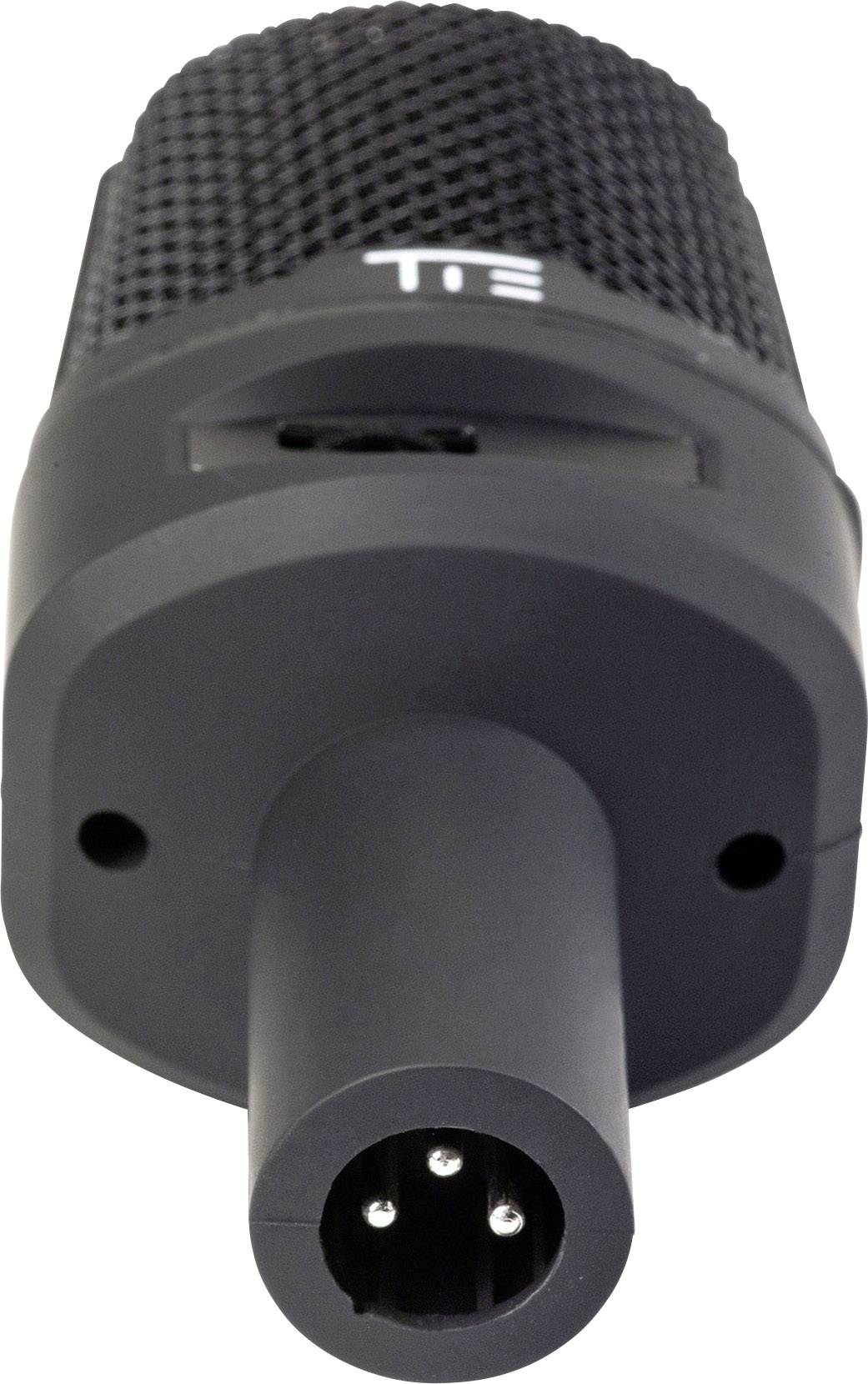 Rear view of a black microphone with an XLR connection, suitable for audio recordings and stage performances.