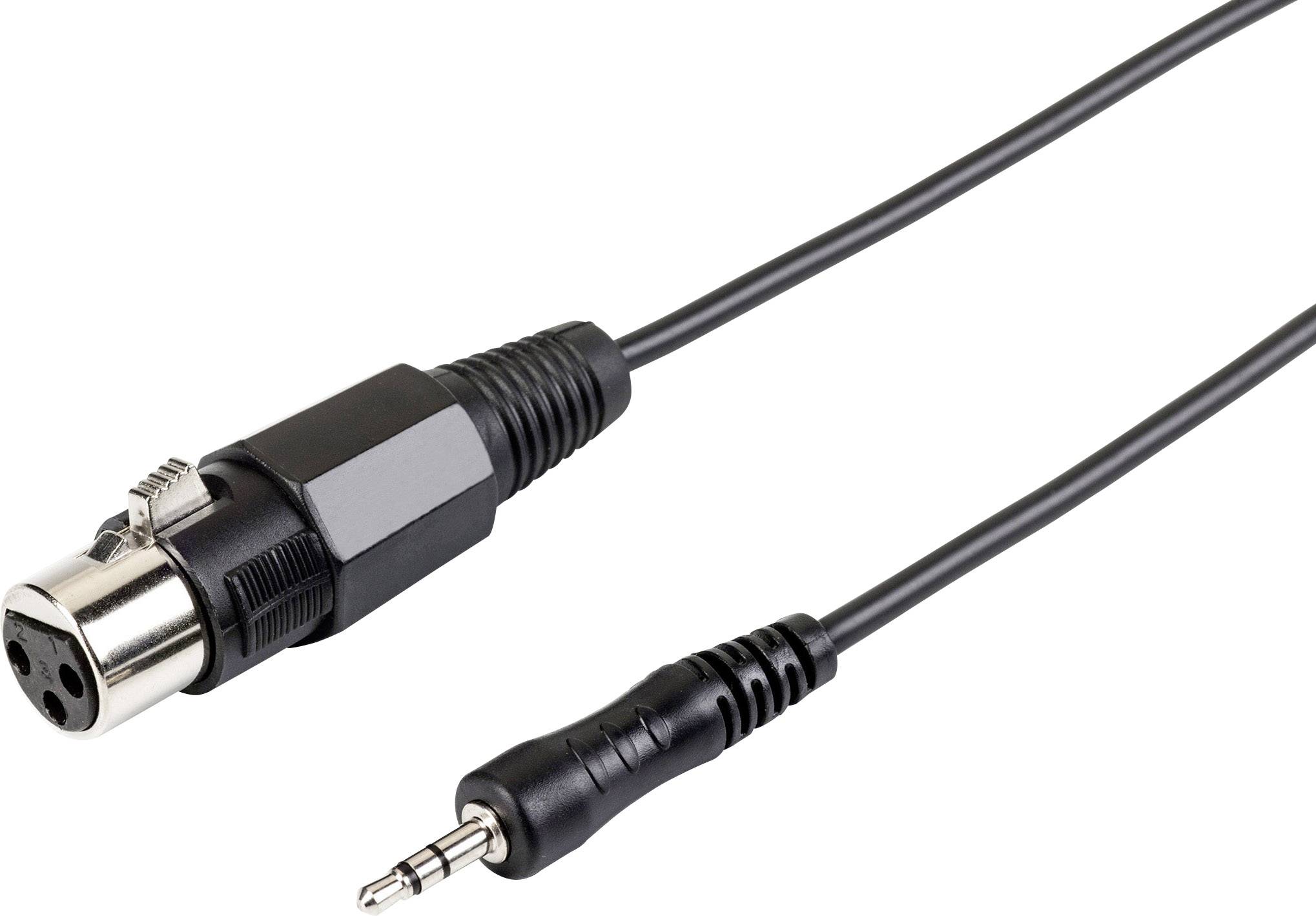 A cable with an XLR plug on the left and a 3.5mm plug on the right. Used for audio connection between devices.