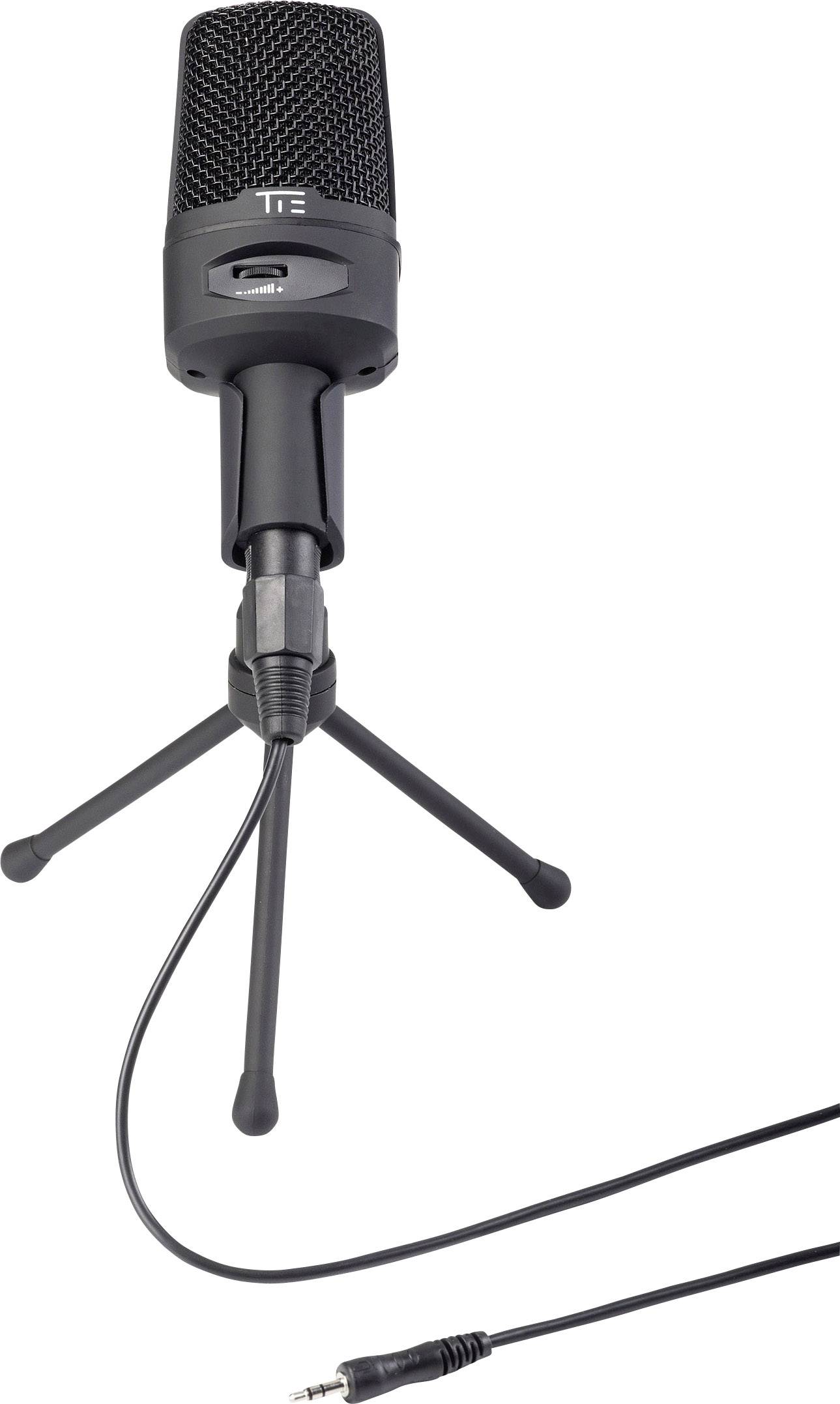 Microphone with stand and cable, ready for recording, against a white background.