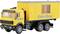 Yellow toy lorry with 'GleisBau AG' written on the side of a yellow container. The lorry has a black driver's cab.