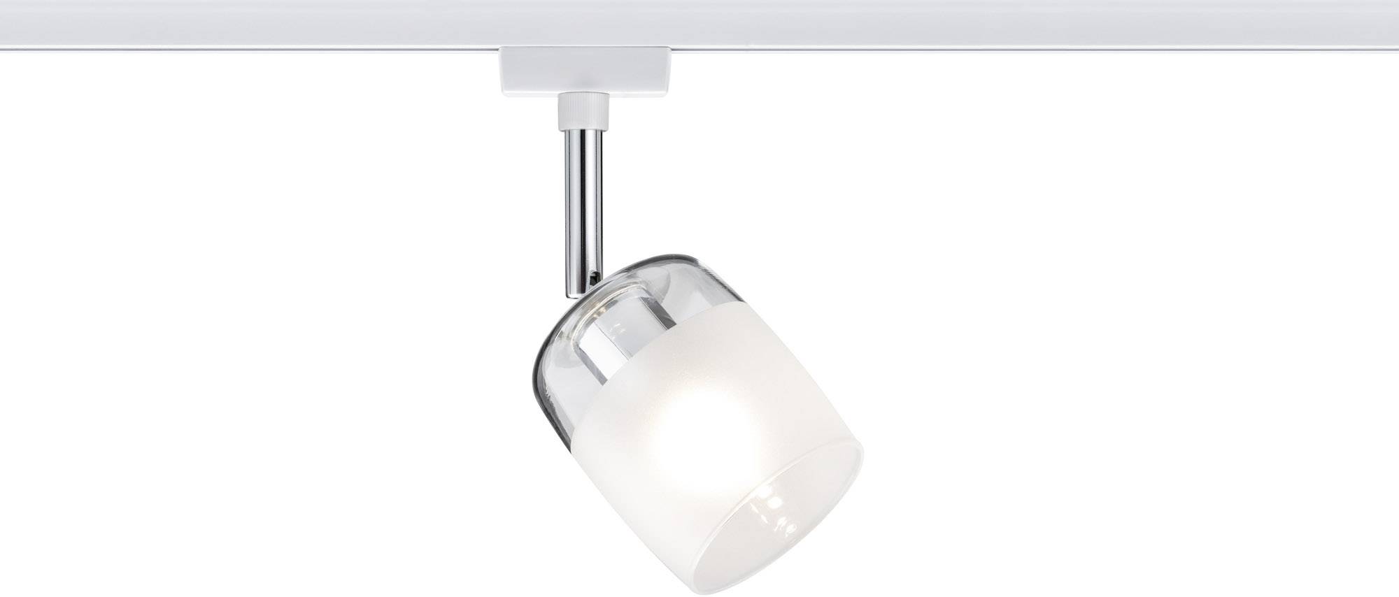 A single, modern ceiling spotlight with a white, semi-transparent lampshade hanging from a metal bracket.