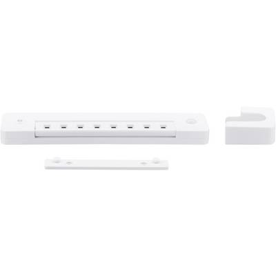 White window or door security bolt with multiple slots, separate holder and mounting plate.