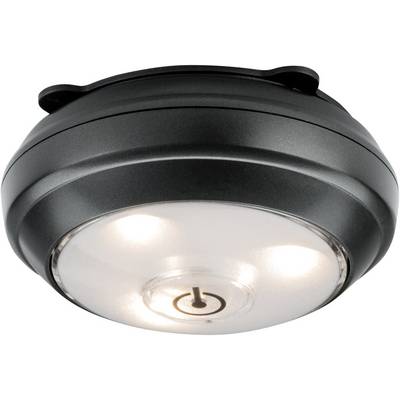 Black, round LED light with transparent cover and central push switch, suitable for ceiling mounting.