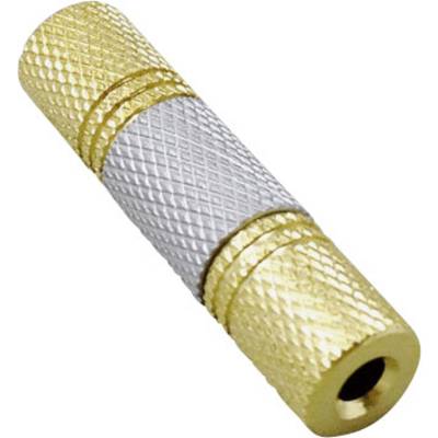 Golden and silver stereo audio adapter with 3.5mm sockets at both ends. Connects two audio cables together.