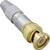 A gold-silver BNC connector, a typical component for coaxial cable connections, used for data transmission in communication systems.