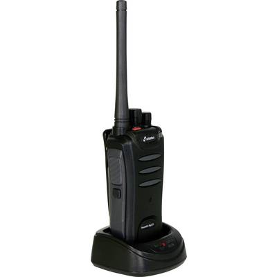 A black radio sits in a charging station. It has a long antenna and several buttons on top. Suitable for communication.
