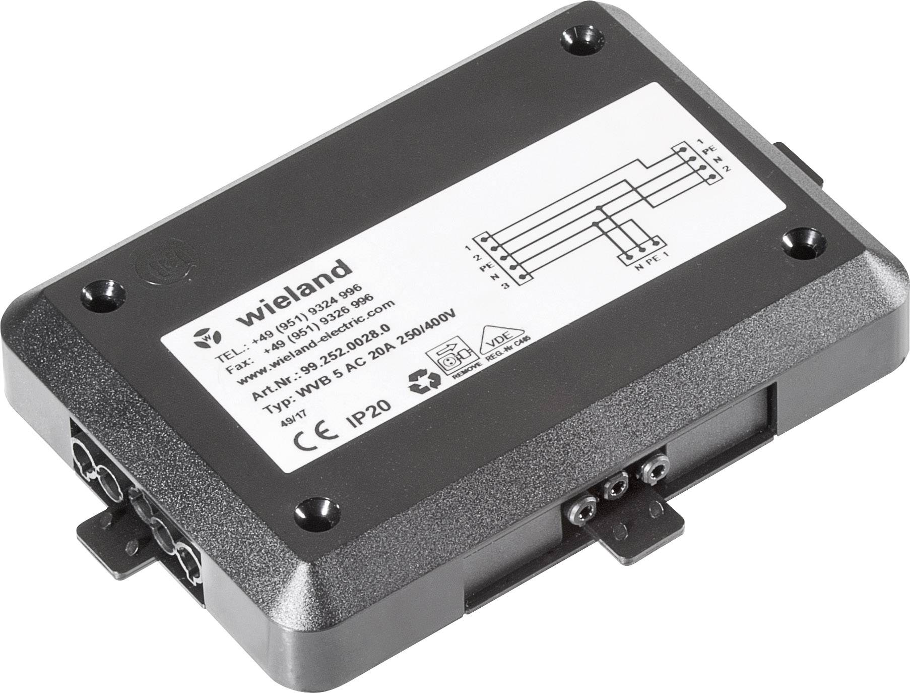 Black electrical component with circuit diagram and 'Wieland' logo at the top. Contact details and technical specifications are visible.