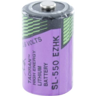 Lila lithium battery with black text: 'Tadiran High Energy', '3.6 Volts', 'SL-550 EZHK'.<br><br>(Note: In this case, there are no significant language differences between American and British English, so the translation remains essentially the same.)