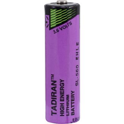 Lilac lithium battery with inscription 'Tadiran High Energy 3.6 Volts'. Model SL-560 E with green graphic elements.