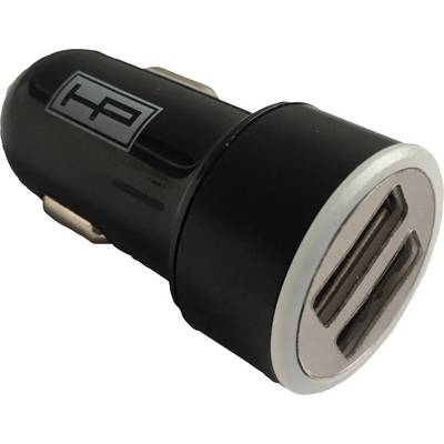 Black USB car charger with two USB ports, compact and portable. Ideal for charging multiple devices simultaneously while on the move.