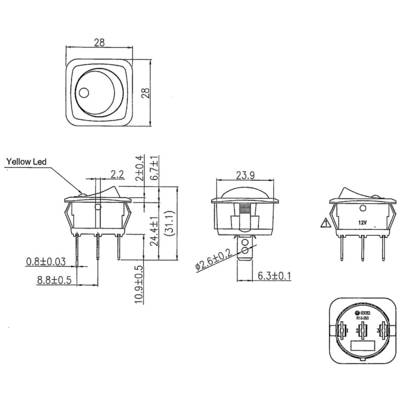 Technical drawing of a pressure switch with a yellow LED. Housing shows dimensions in millimetres, circuit symbol and 12V marking.