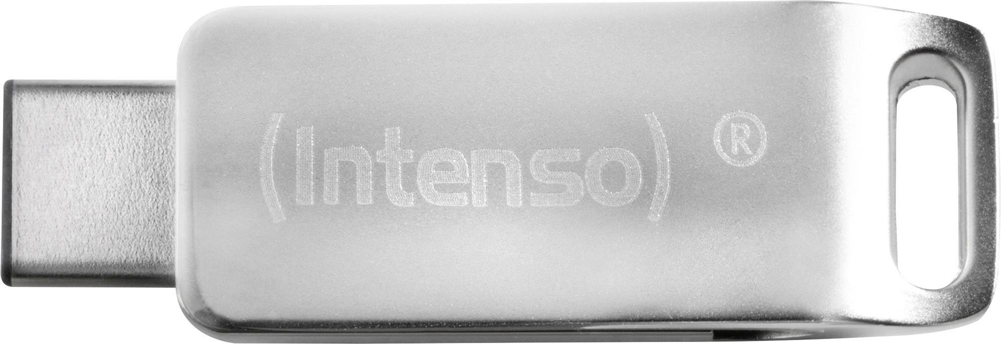 Silver USB stick by Intenso with rounded edges and a slot for attachment.