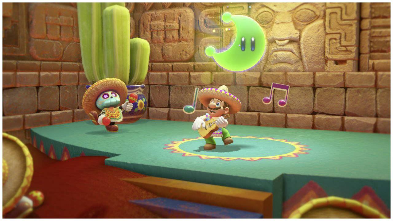 An animated character wearing a sombrero plays guitar on a stage, surrounded by musical notes and a glowing green crescent moon.