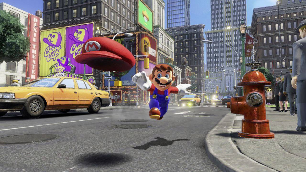 An animated character jumps in a bustling city street, surrounded by cars and tall buildings, while throwing his hat.