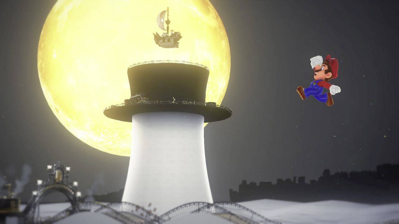 A game character leaps across a snow-covered landscape towards a large white cylindrical tower set against a full moon.