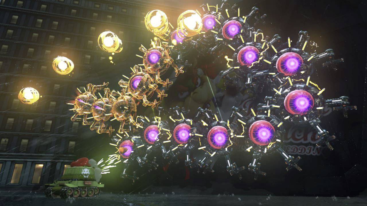 A green tank with star symbols is firing at a massive, hovering creature with glowing, circular elements and multiple gun turrets in an urban environment.