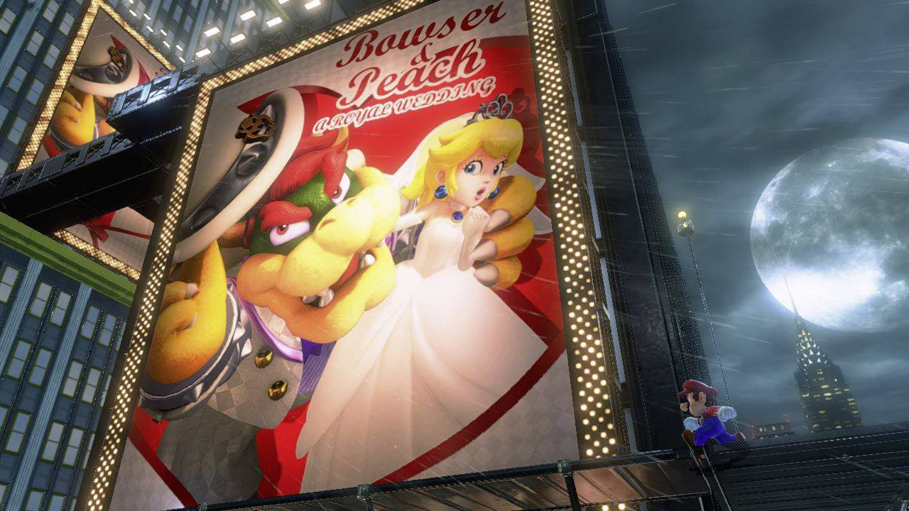 A large advertising poster shows a comic book character in a wedding dress, held by a horned figure. In the background is a nighttime city skyline.