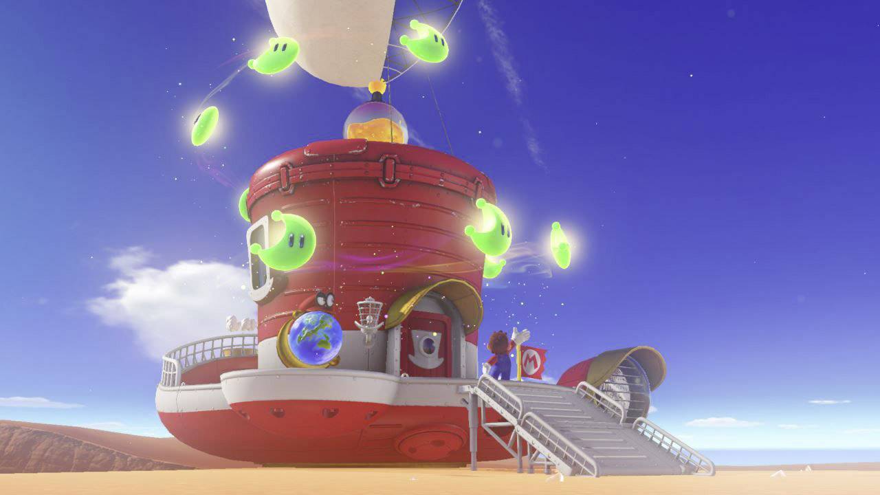 A red, dome-shaped airship with green, luminous symbols flies in the blue sky. A staircase leads upwards.