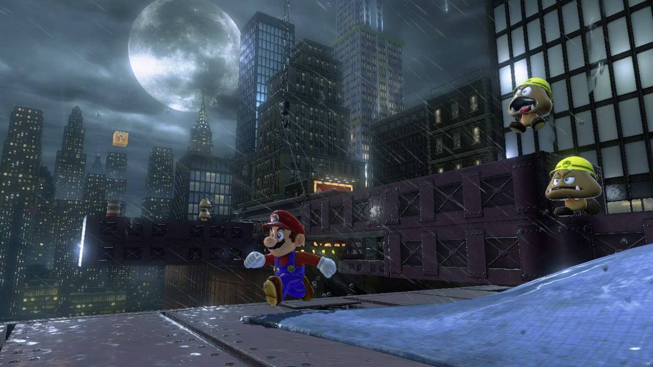 An animated character in a red suit and red cap runs across scaffolding in a city at night. Full moon in the sky, two monsters in the background.