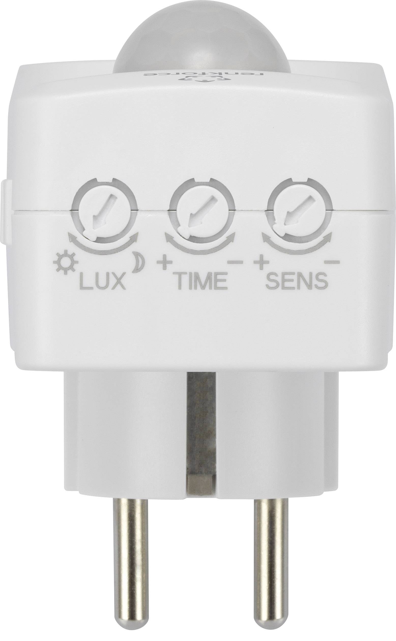 A white motion sensor with three rotary controls for light sensitivity ('LUX'), time ('TIME'), and sensitivity ('SENS'). Power strip located below.