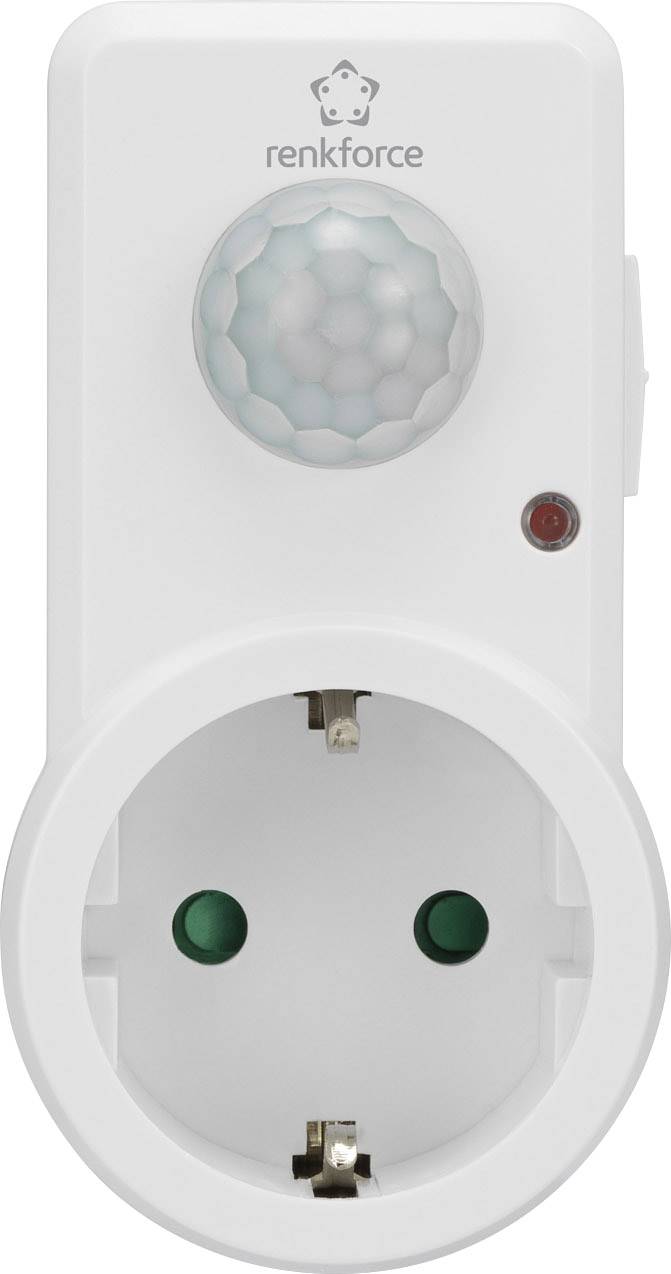 White socket with built-in motion sensor and small red LED indicator.