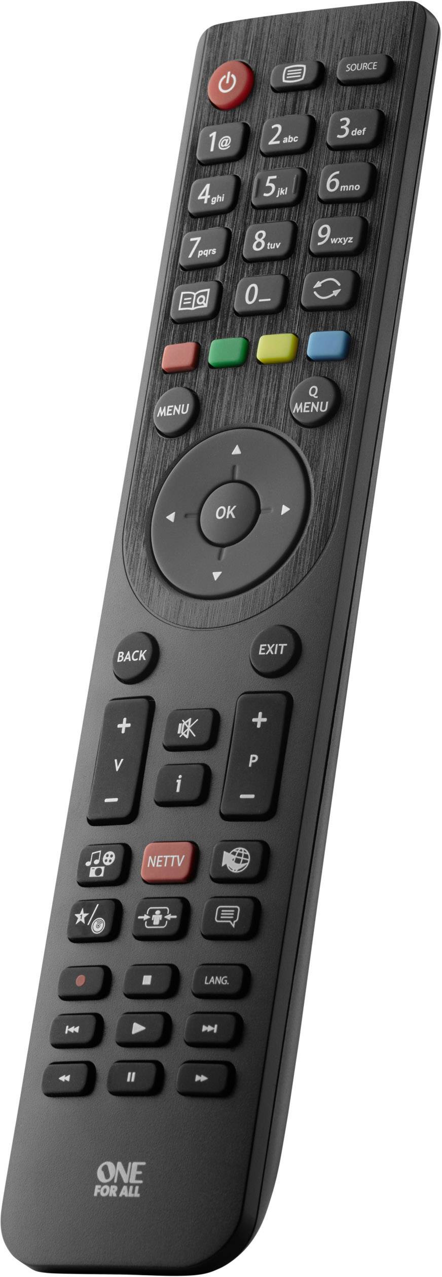Black universal remote control with coloured buttons for navigation and control of TV and media devices.