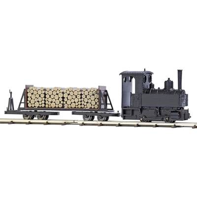 A model train with a black locomotive and a wooden goods wagon full of logs on a section of track.